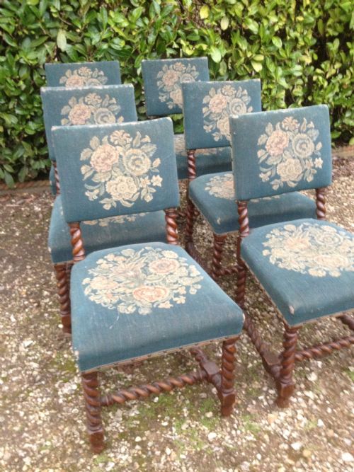 fig 1. Antique set of six Edwards and Roberts dining chairs in solid oak with barley twist supports in original condition