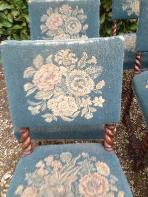 fig 2. Antique set of six Edwards and Roberts dining chairs in solid oak with barley twist supports in original condition