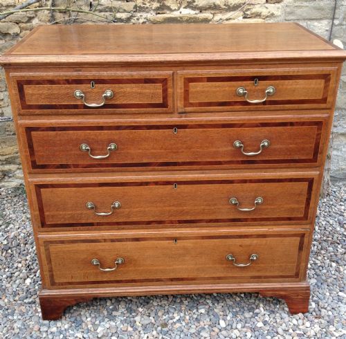 Antique Inlaid  Oak Four Height Chest of Drawers with Original Brass Swan Neck Handles