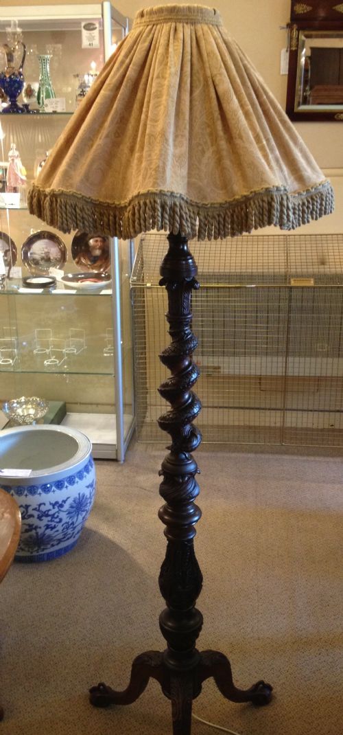 Mahogany Carved Standard Lamp with Good Quality Shade Circa 1920