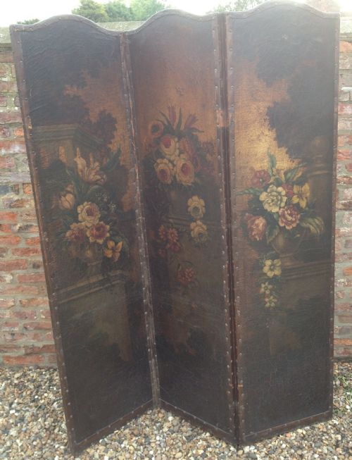Antique Three Fold Victorian Screen Hand Painted on Leather- Superb
