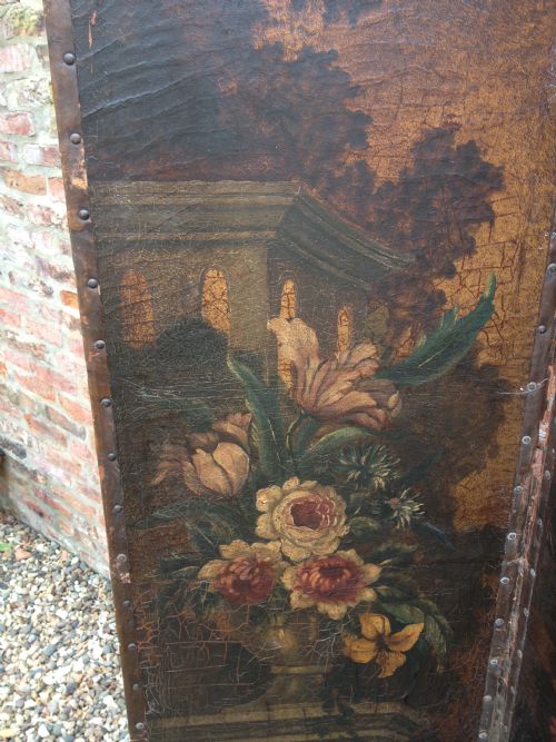 fig 1. Antique three fold Victorian screen hand painted on leather- Superb
