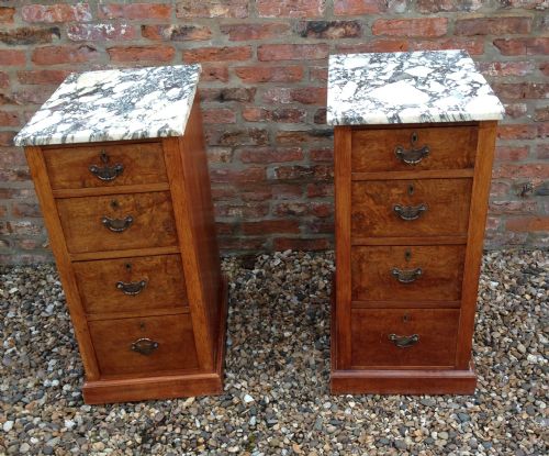 Pair of Marble Topped Bedside/ Side Cabinets with Burr Oak Fronts and Brass Handles Circa 1920