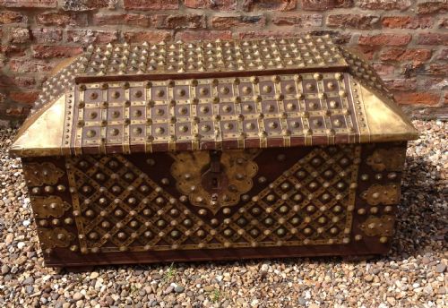 Antique Anglo-indian Brass Bound Hardwood Trunk Circa 1850
