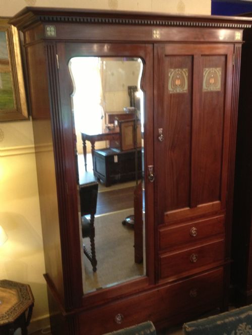 Antique "Liberty" Art Nouveau Wardrobe with Brass and Pewter Inlaid Panels