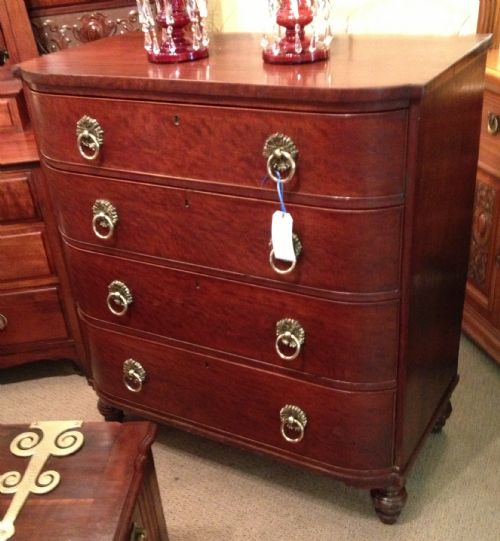 Antique Early Nineteenth Century Mahogany  Bow Fronted Chest of Four Drawers with Original Striking Brass Drop Handles