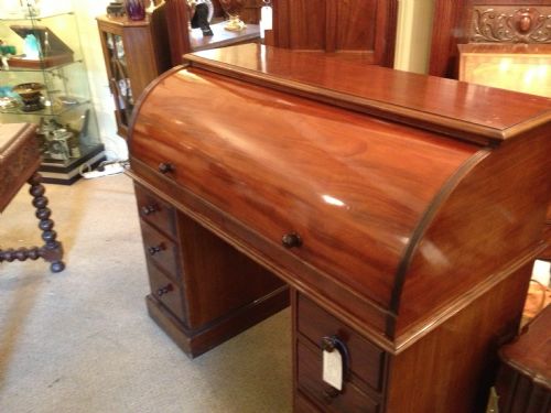 Antique Victorian Mahogany Twin Pedestal Desk with Cylinder Top and Fitted Interior Circa 1860