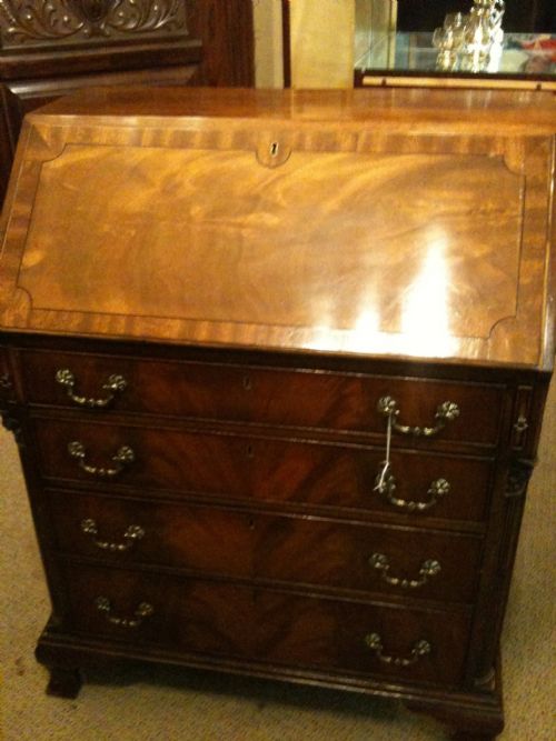 Antique Edwardian Solid Mahogany Bureau with Inlay and Cross Banding. Superbly Fitted Interior. Circa 1920