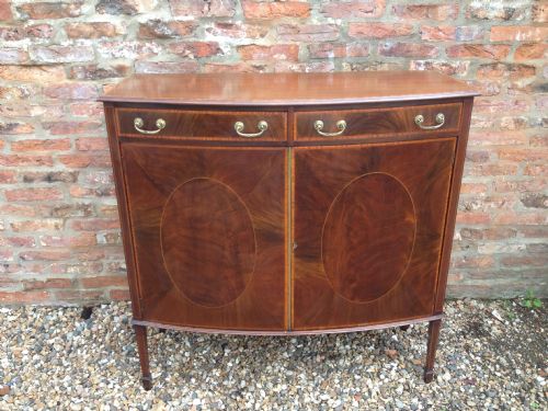 Antique Late Victorian Inlaid Mahogany Bow Fronted Cupboard Over Two Drawers Circa 1890