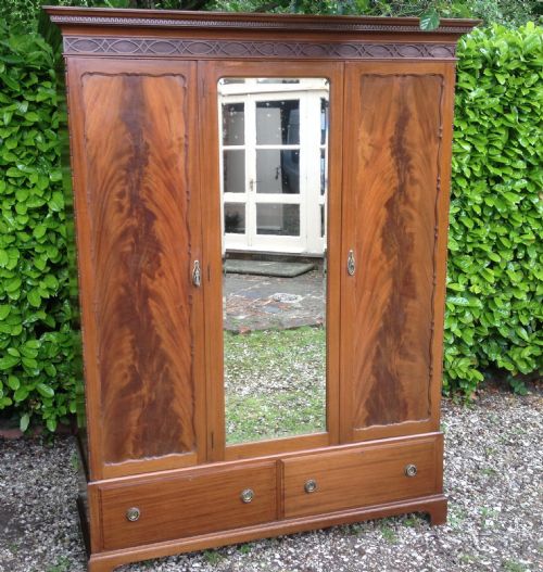 Antique Victorian Mahogany Triple Wardrobe. Original Condition
