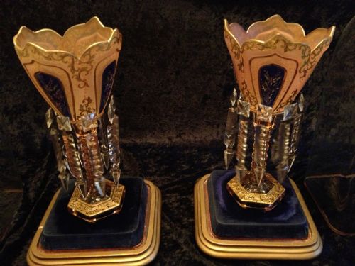 Antique Victorian Hand Painted Pair of  Bohemian Lustre Vases in Original Domes Circa 1870