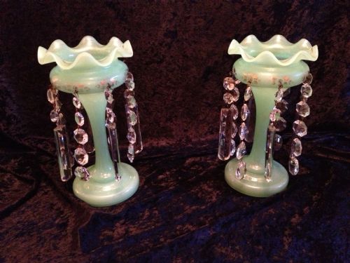 Antique Pair of Victorian Lustres in Green Glass