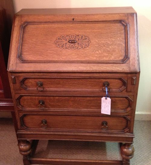 Solid Oak Bureau with Solid Brass Handles and Well Fitted Interior