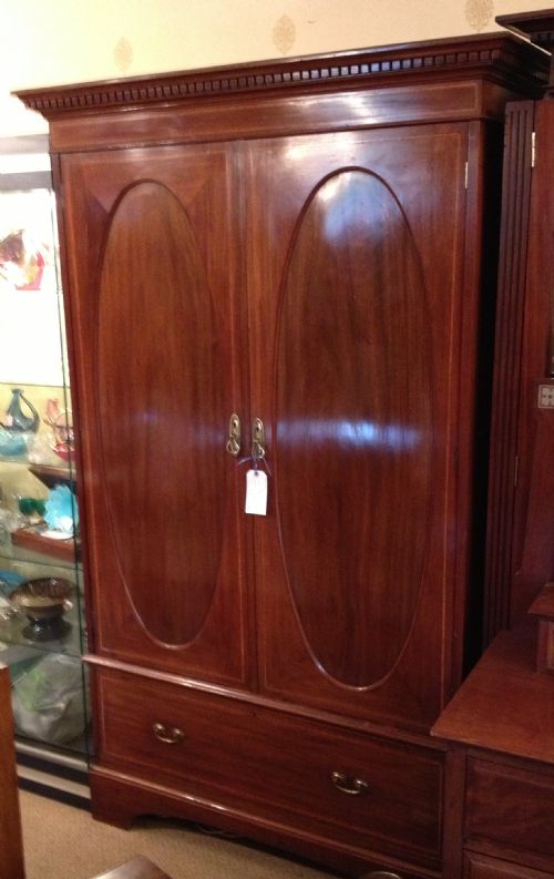 Antique Edwardian Solid Mahogany Two Door Wardrobe with Satinwood Stringing