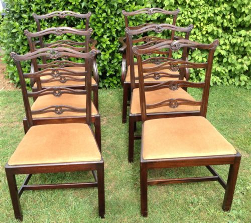 Antique Set of Six Edwardian Chippendale Style Ladder Back Dining Chairs in Solid Mahogany