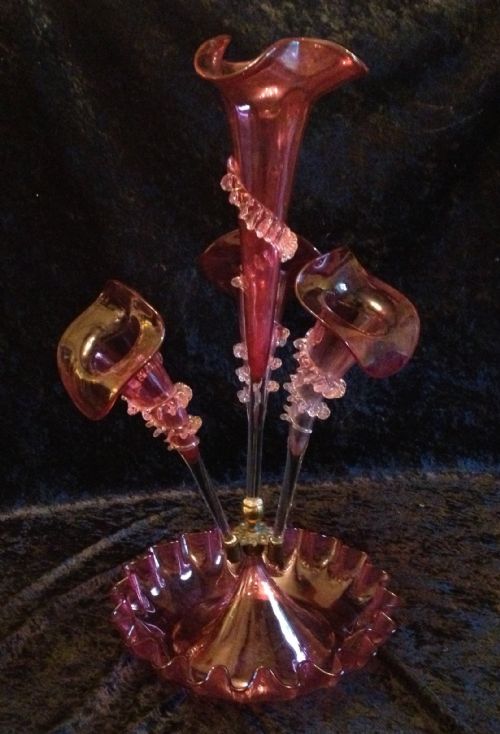 Antique Victorian English Cranberry Glass "Jack in the Pulpit" Epergne