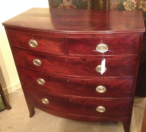 Antique Georgian Mahogany Bow Front Chest of Drawers with Brass Oval Plate Handles Circa 1800