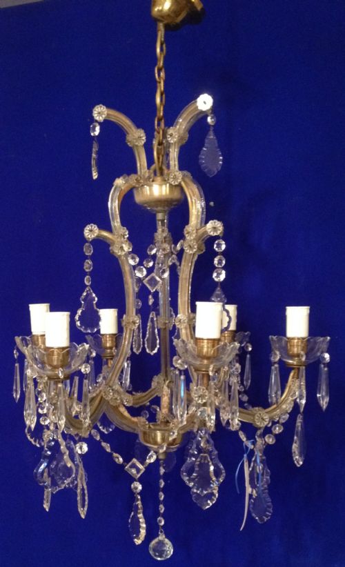 Brass and Lead Crystal 6 Branch Chandelier Circa 1920