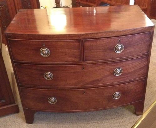 Antique Regency Mahogany Bow Front Chest of Drawers with Brass Drop Handles.  Circa 1800