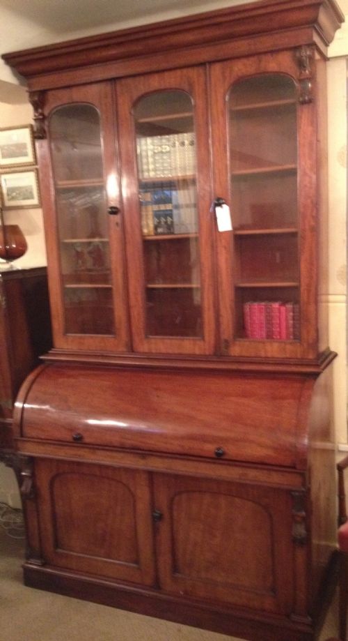 Antique Mahogany Cylinder Desk with Triple Glazed Bookcase Above Circa 1870 in Original Condition