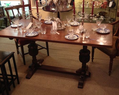 Antique Solid Oak Refectory Table on Bulbous Carved Supports Circa 1920, Six Seater