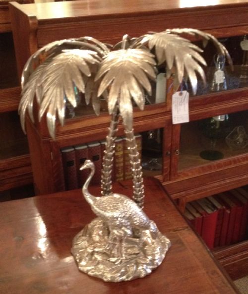 Antique Silver Plated Table Centre Featuring Ostriches and Palm Trees Circa 1920