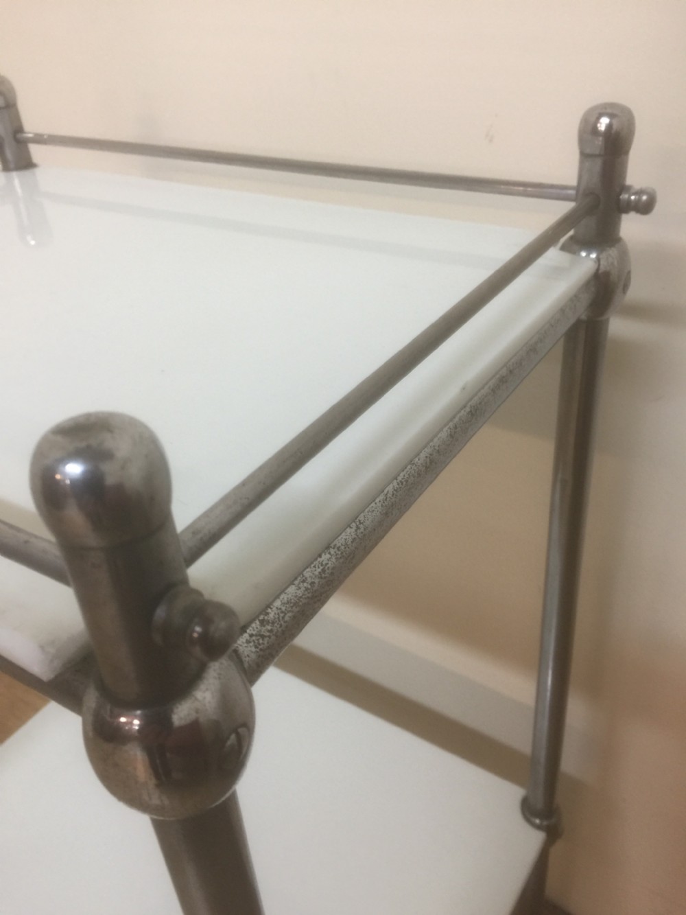 Chrome and opaline glass dental trolley. View II