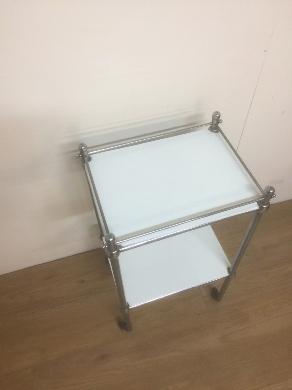 Chrome and opaline glass dental trolley. View V