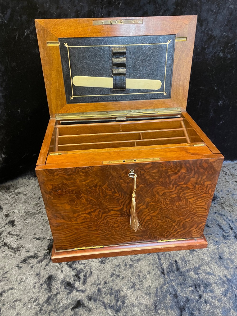 Victorian amboyna fall front stationery box  View III
