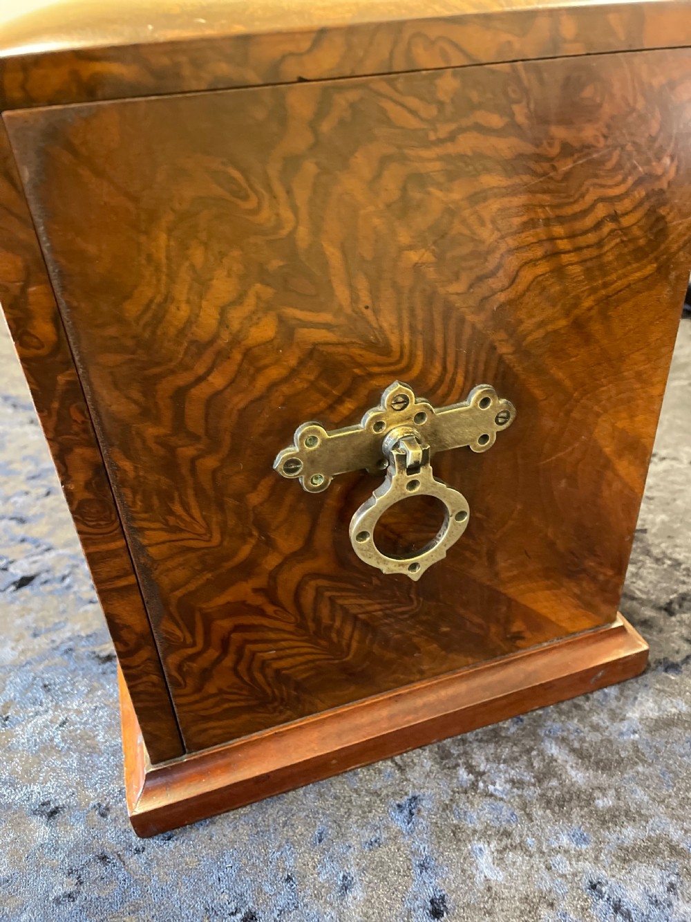 Victorian amboyna fall front stationery box  View XV