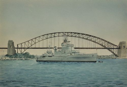 COMMANDER ERIC TUFNELL ROYAL NAVY 1888 1979 HMS NEWCASTLE IN SYDNEY HARBOUR 1956 FRAMED WATERCOLOUR MELBOURNE OLYMPIC GAMES - ADDITIONAL PHOTO 1