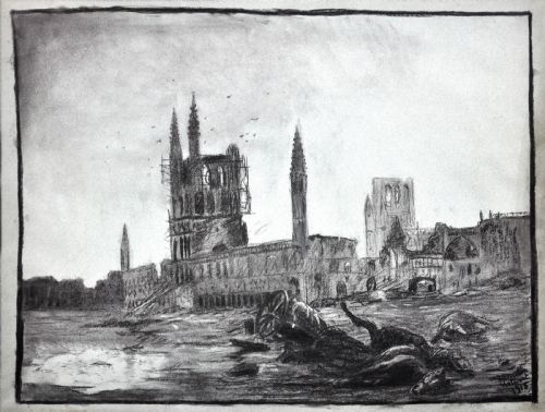 LEOPOLD HALVOET D1918 BELGIAN SOLDIER WORLD WAR 1 TRENCH ART FRAMED CHARCOAL BATTLEFIELD DRAWING ARRAS FRANCE 1915 - ADDITIONAL PHOTO 1