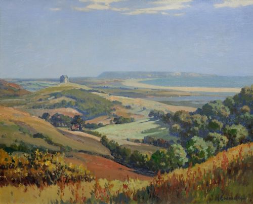 JOSEPH EDWARD HENNAH 18971963 CHESIL BEACH AND PORTLAND FROM ABBOTSBURY HILL DORSET FRAMED OIL PAINTING - ADDITIONAL PHOTO 1