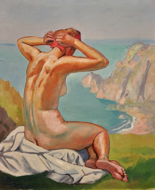 RAYMOND MORITZ 1891 1950 FRENCH A LIBERATED LADY ON THE CLIFFS 1927 FRENCH 1920S NUDE SUNBATHING 1920S OIL PAINTING FRAMED - ADDITIONAL PHOTO 1