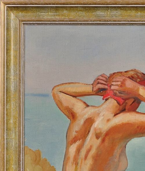 RAYMOND MORITZ 1891 1950 FRENCH A LIBERATED LADY ON THE CLIFFS 1927 FRENCH 1920S NUDE SUNBATHING 1920S OIL PAINTING FRAMED - ADDITIONAL PHOTO 4