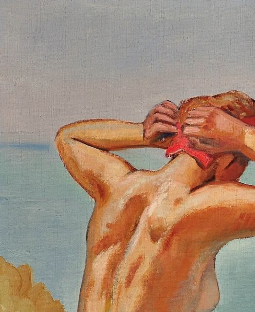RAYMOND MORITZ 1891 1950 FRENCH A LIBERATED LADY ON THE CLIFFS 1927 FRENCH 1920S NUDE SUNBATHING 1920S OIL PAINTING FRAMED - ADDITIONAL PHOTO 5