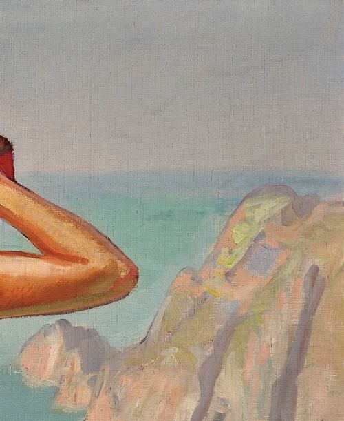 RAYMOND MORITZ 1891 1950 FRENCH A LIBERATED LADY ON THE CLIFFS 1927 FRENCH 1920S NUDE SUNBATHING 1920S OIL PAINTING FRAMED - ADDITIONAL PHOTO 6