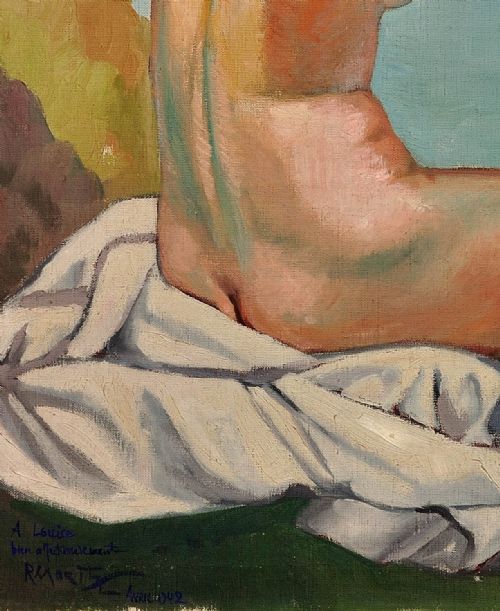 RAYMOND MORITZ 1891 1950 FRENCH A LIBERATED LADY ON THE CLIFFS 1927 FRENCH 1920S NUDE SUNBATHING 1920S OIL PAINTING FRAMED - ADDITIONAL PHOTO 7