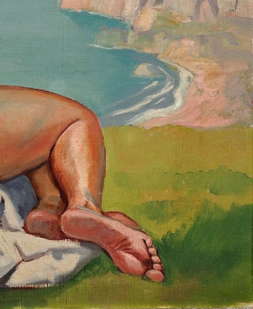 RAYMOND MORITZ 1891 1950 FRENCH A LIBERATED LADY ON THE CLIFFS 1927 FRENCH 1920S NUDE SUNBATHING 1920S OIL PAINTING FRAMED - ADDITIONAL PHOTO 8