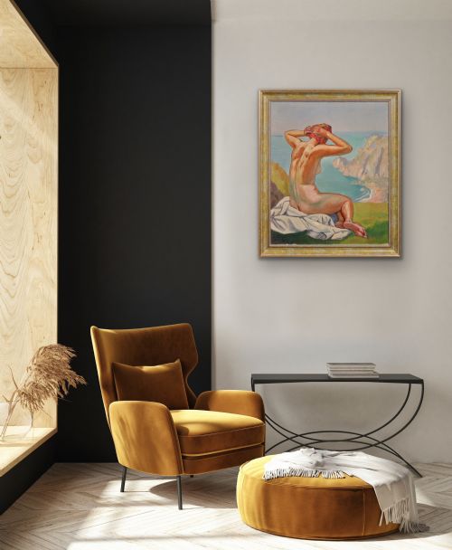 RAYMOND MORITZ 1891 1950 FRENCH A LIBERATED LADY ON THE CLIFFS 1927 FRENCH 1920S NUDE SUNBATHING 1920S OIL PAINTING FRAMED - ADDITIONAL PHOTO 9