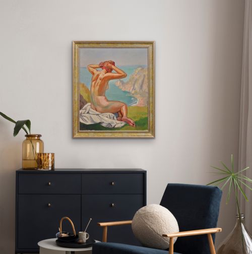 RAYMOND MORITZ 1891 1950 FRENCH A LIBERATED LADY ON THE CLIFFS 1927 FRENCH 1920S NUDE SUNBATHING 1920S OIL PAINTING FRAMED - ADDITIONAL PHOTO 10