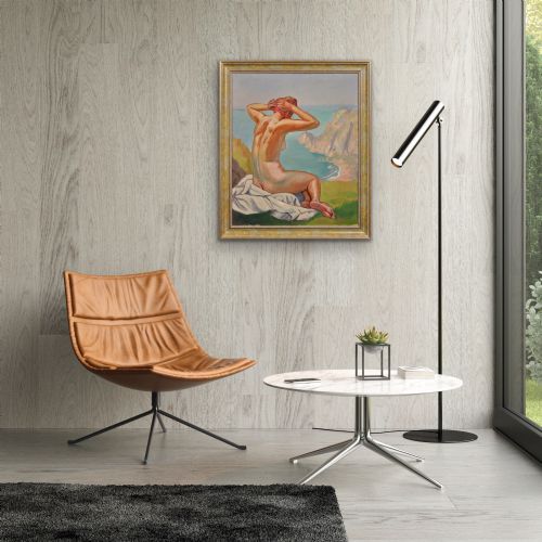 RAYMOND MORITZ 1891 1950 FRENCH A LIBERATED LADY ON THE CLIFFS 1927 FRENCH 1920S NUDE SUNBATHING 1920S OIL PAINTING FRAMED - ADDITIONAL PHOTO 11