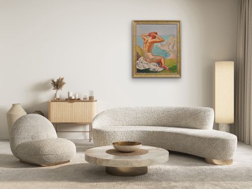 RAYMOND MORITZ 1891 1950 FRENCH A LIBERATED LADY ON THE CLIFFS 1927 FRENCH 1920S NUDE SUNBATHING 1920S OIL PAINTING FRAMED - ADDITIONAL PHOTO 12