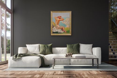 RAYMOND MORITZ 1891 1950 FRENCH A LIBERATED LADY ON THE CLIFFS 1927 FRENCH 1920S NUDE SUNBATHING 1920S OIL PAINTING FRAMED - ADDITIONAL PHOTO 13