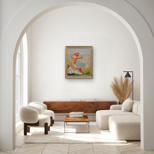 RAYMOND MORITZ 1891 1950 FRENCH A LIBERATED LADY ON THE CLIFFS 1927 FRENCH 1920S NUDE SUNBATHING 1920S OIL PAINTING FRAMED - ADDITIONAL PHOTO 15