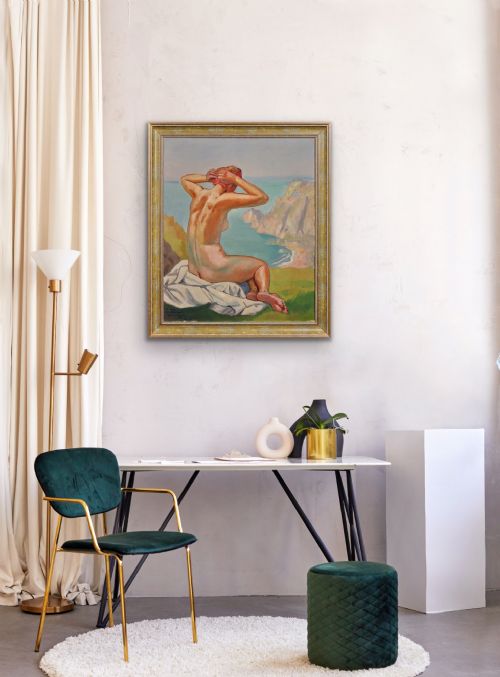 RAYMOND MORITZ 1891 1950 FRENCH A LIBERATED LADY ON THE CLIFFS 1927 FRENCH 1920S NUDE SUNBATHING 1920S OIL PAINTING FRAMED - ADDITIONAL PHOTO 16