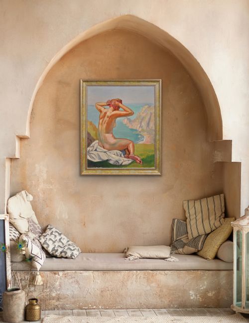 RAYMOND MORITZ 1891 1950 FRENCH A LIBERATED LADY ON THE CLIFFS 1927 FRENCH 1920S NUDE SUNBATHING 1920S OIL PAINTING FRAMED - ADDITIONAL PHOTO 17