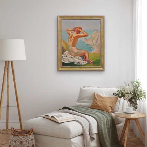 RAYMOND MORITZ 1891 1950 FRENCH A LIBERATED LADY ON THE CLIFFS 1927 FRENCH 1920S NUDE SUNBATHING 1920S OIL PAINTING FRAMED - ADDITIONAL PHOTO 18