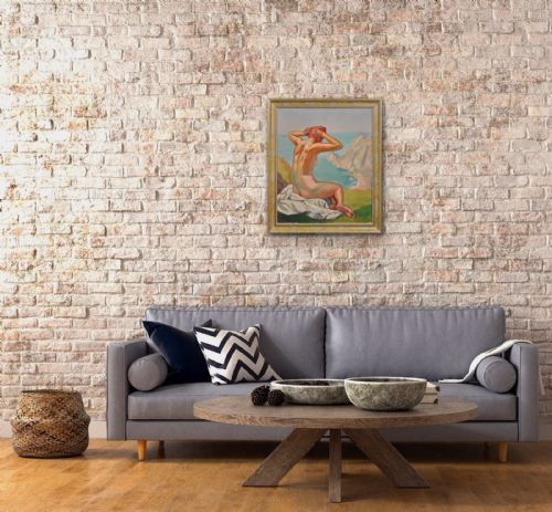 RAYMOND MORITZ 1891 1950 FRENCH A LIBERATED LADY ON THE CLIFFS 1927 FRENCH 1920S NUDE SUNBATHING 1920S OIL PAINTING FRAMED - ADDITIONAL PHOTO 19