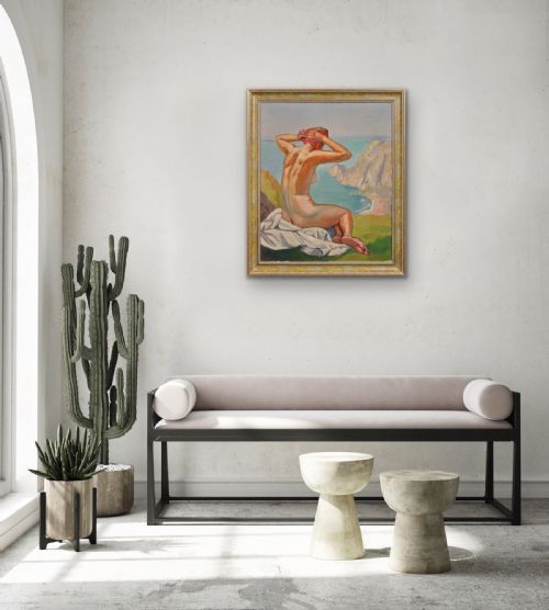 RAYMOND MORITZ 1891 1950 FRENCH A LIBERATED LADY ON THE CLIFFS 1927 FRENCH 1920S NUDE SUNBATHING 1920S OIL PAINTING FRAMED - ADDITIONAL PHOTO 23